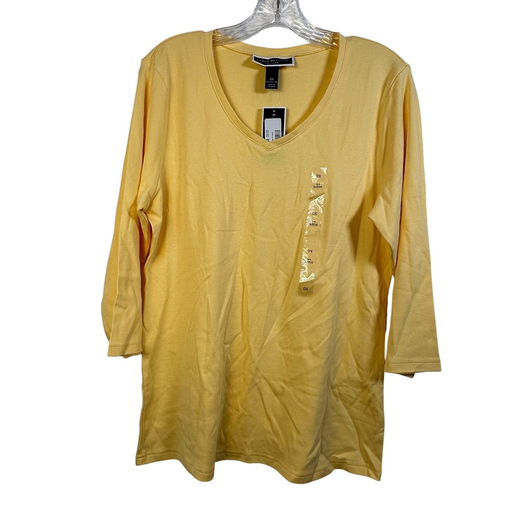 Karen Scott Woman Yellow V-Neck 3/4 Sleeve Cotton Top Plus Size 0X‎